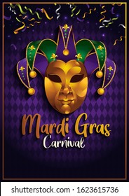 Mardi Gras, Carnival Party with Golden mask, gretting card banner, poster, template, Flyer & brochure on Diamond-shape quadrangle Purple Background, vector illustration, EPS10.