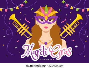 Mardi Gras Carnival Party Illustration with Mask, Feathers and Item Festival for Web Banner or Landing Page in Flat Cartoon Hand Drawn Templates