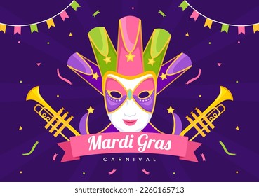 Mardi Gras Carnival Party Illustration with Mask, Feathers and Item Festival for Web Banner or Landing Page in Flat Cartoon Hand Drawn Templates
