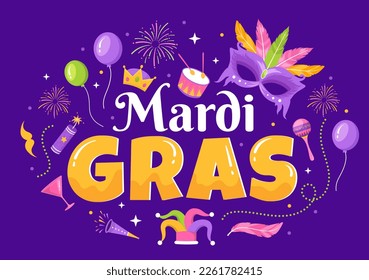 Mardi Gras Carnival Party Illustration with Mask, Feathers and Item Festival for Web Banner or Landing Page in Flat Cartoon Hand Drawn Templates