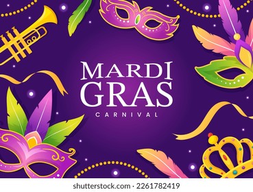 Mardi Gras Carnival Party Illustration with Mask, Feathers and Item Festival for Web Banner or Landing Page in Flat Cartoon Hand Drawn Templates