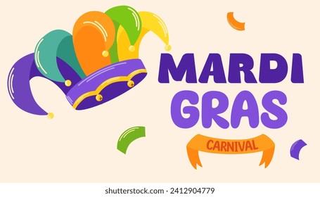 Partido del Carnaval de Mardi Gras Ilustración con sombrero de bufón. Ilustración vectorial para afiches, tarjeta de saludo, invitación de fiesta, pancarta o volante, elemento de diseño vectorial