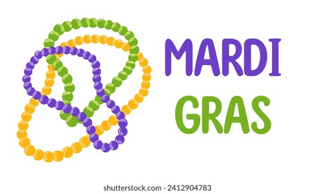 Mardi Gras carnival party Illustration with beads in traditional colors. Vector item festival for web banner or landing page in flat cartoon hand drawn templates