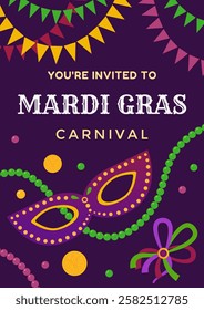 Mardi Gras Carnival party invitation. Mardi Gras vertical banner with colorful beads, hanging garlands, carnival mask. Vector illustration