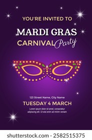 Mardi Gras Carnival party invitation. Mardi Gras vertical banner with carnival mask on background sparkling stars. Vector illustration