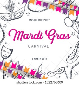 Mardi gras carnival party. Masquerade. Fat tuesday, festival. Vector illustration