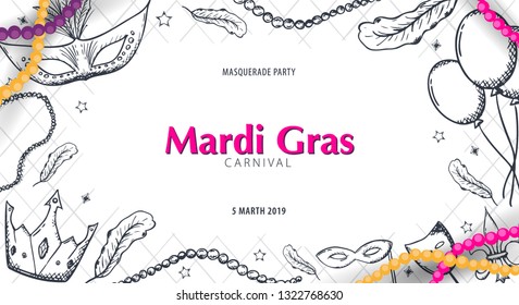 Mardi gras carnival party. Masquerade. Fat tuesday, festival. Vector illustration