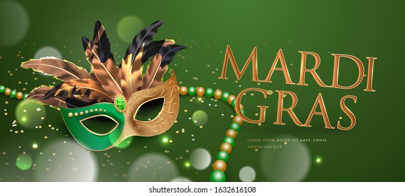 Mardi gras carnival party with masquerade mask and beads 3d vector banner background illustration