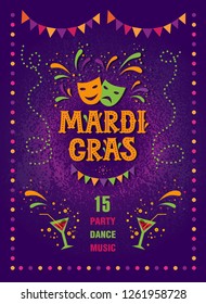 Mardi gras carnival party poster design. Fat tuesday, carnival, festival. Vector illustration. For greeting card, banner, gift packaging, poster