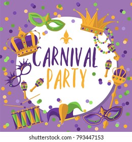  Mardi gras carnival party poster with roots, masks, beads, funny glasses, scepter and confetti