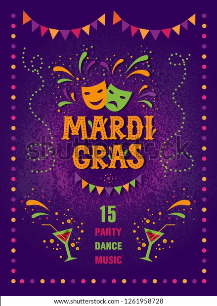 Mardi gras carnival party poster design. Fat\
tuesday, carnival, festival. Vector illustration. For greeting\
card, banner, gift packaging,\
poster