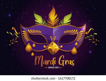 Mardi Gras, Carnival Party with Purple Feather Mask,  gretting card banner, poster,  template, Flyer & brochure On background sparkling stars, vector illustration, EPS10.