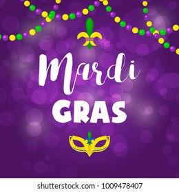 Mardi Gras carnival party vector background masquerade celebration festival poster design holiday purple brochure. Venetian mardi gras mask with feathers beads, joker, fleur de lis party decorations.