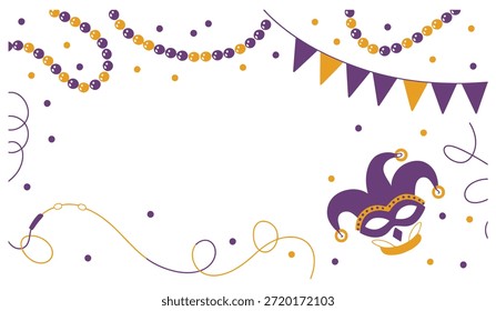 Mardi Gras carnival party vector elements with jester mask, beads, bunting, and festive confetti decorations