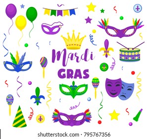 Mardi Gras carnival party vector masquerade celebration festival icons design flat style holiday purple collection. Venetian mardi gras mask with feathers beads, joker, fleur de lis party decorations.