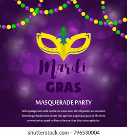 Mardi Gras carnival party vector background masquerade celebration festival poster design holiday purple brochure. Venetian mardi gras mask with feathers beads, joker, fleur de lis party decorations.