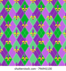 Mardi Gras carnival party vector seamless pattern background masquerade celebration festival design holiday purple wallpaper, backdrop Venetian mask party abstract geometric pattern decorations.