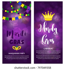 Mardi Gras carnival party vector background masquerade celebration festival poster design holiday purple brochure. Venetian mardi gras mask with feathers beads, joker, fleur de lis party decorations.