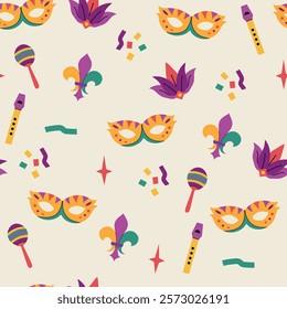 Mardi gras carnival pattern background for packaging and decoration with masks, fleur de lis, misic instruments