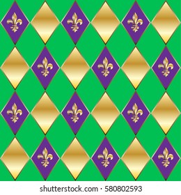 Mardi Gras Carnival pattern with fleur de lis. Royal endless background, texture, wrapper. Vector illustration. Festival, Masquerade invitation, poster, placard, wallpaper background. Vintage ornament