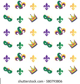 Mardi Gras Carnival pattern with fleur-de-lis. Carnival endless background, texture, wrapper. Vector illustration. Festival, Masquerade invitation, poster, placard, wallpaper background.