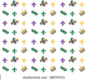 Mardi Gras Carnival pattern with fleur-de-lis. Festival endless background, texture, wrapper. Vector illustration. Festival, Masquerade invitation, poster, placard, wallpaper background. Vintage