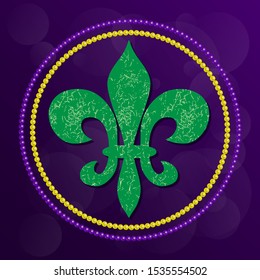 Mardi Gras carnival pattern with heraldic lily fleur-de-lis and beads on a dark purple background. Vector backdrop for greeting cards, festive invitations, posters, prints, banners 