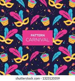 Mardi Gras Carnival, carnival pattern. Masks, feathers, drums on a dark blue background. Vector illustration