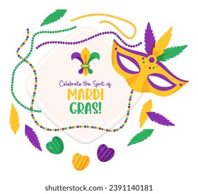 Mardi Gras carnival. Plate with carnival mask, beaded necklaces, feathers and candies. Isolated Vector illustrations in cartoon style