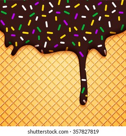 Mardi Gras Carnival Poster. Colorful Chocolate Glaze with Colorful Sugar Sprinkles and Crisp Wafer. Vector Food Illustration.
