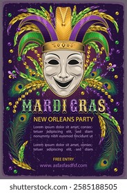 Mardi Gras carnival poster with comedy theatrical mask in jester hat, scattered beads, feathers, glossy text. A4 template with copy space for party, events in vintage style.