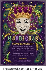 Mardi Gras carnival poster with comedy theatrical mask in imperial crown, scattered beads, bunch of beads, feathers, glossy text. A4 template in vintage style with copy space for party, events