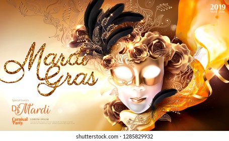 Mardi gras carnival poster design with golden mask and roses in 3d illustration