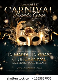 Mardi gras carnival poster design with golden mask and ribbons in 3d illustration