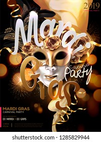 Mardi gras carnival poster design with golden mask and roses in 3d illustration, bokeh glowing background