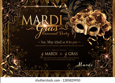 Mardi gras carnival poster design with golden mask and roses in 3d illustration, sparkling background