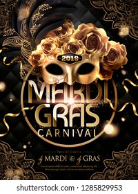 Mardi gras carnival poster design with golden mask and roses in 3d illustration