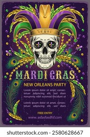 Mardi Gras carnival poster with human skull in jester hat, scattered beads, bunch of beads, feathers, glossy text. A4 template with copy space for party, events in vintage style.