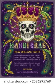 Mardi Gras carnival poster with human skull in imperial crown, scattered beads, bunch of beads, feathers, glossy text. A4 template in vintage style with copy space for party, events