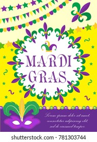 Mardi Gras carnival poster, invitation, greeting card. Happy Mardi Gras Template for your design with mask  feathers, beads. Holiday in New Orleans. Fat Tuesday background. Vector illustration