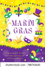 Mardi Gras carnival poster, invitation, greeting card. Happy Mardi Gras Template for your design with mask  feathers, beads. Holiday in New Orleans. Fat Tuesday background. Vector illustration