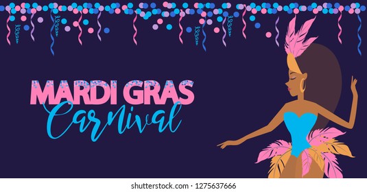 Mardi Gras Carnival poster template with Brazilian samba dancer. Carnival in Rio de Janeiro with girls wearing a festival costume. Editable vector illustration