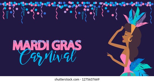 Mardi Gras Carnival poster template with Brazilian samba dancer. Carnival in Rio de Janeiro with girls wearing a festival costume. Editable vector illustration