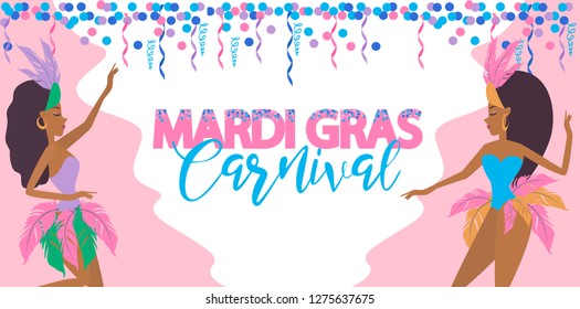 Mardi Gras Carnival poster template with Brazilian samba dancer. Carnival in Rio de Janeiro with girls wearing a festival costume. Editable vector illustration