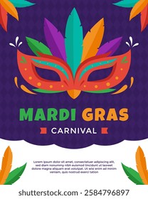 Mardi Gras carnival poster template with colorful mask and feather