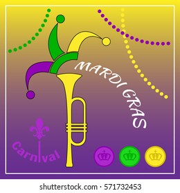 Mardi Gras Carnival poster. Trumpet and jester headgear. Coins and beads.