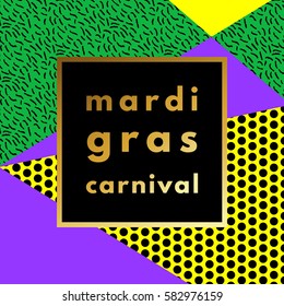 Mardi Gras carnival retro minimal logo in frame on geometric background. Trendy layout, art print