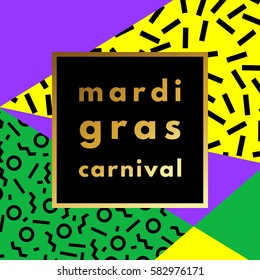 Mardi Gras carnival retro minimal logo in frame on geometric background. Trendy layout, art print
