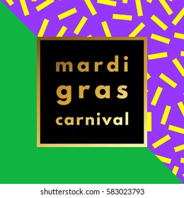 Mardi Gras carnival retro minimal logo in frame on geometric background. Trendy layout, art print