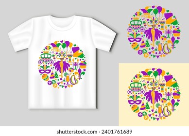 Mardi Gras carnival round composition. Vector concept with t-shirt mockup